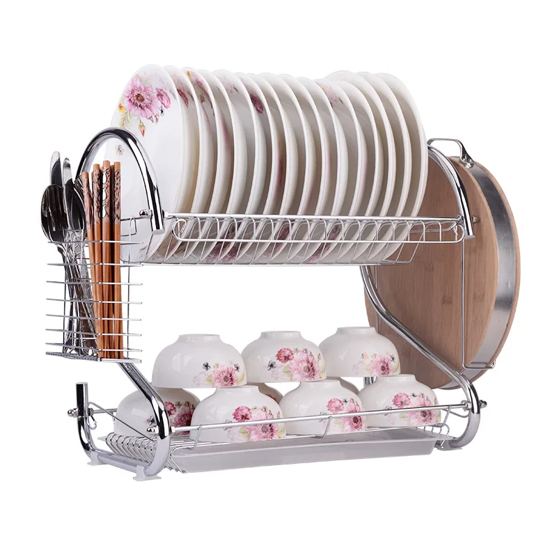 

Two Tiers Best Price Carbon Steel Dish Rack Bowl S-Shaped Dish Draining Shelf
