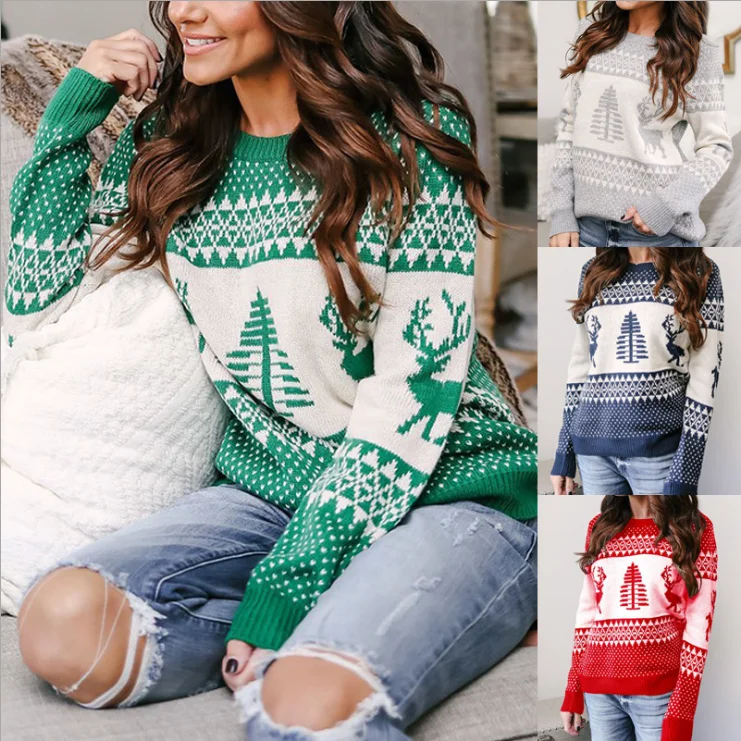 

Winter Clothes For Women Merry Christmas Sweater Women Snowflake Elk Jacquard Knit Women's Sweaters, As shown