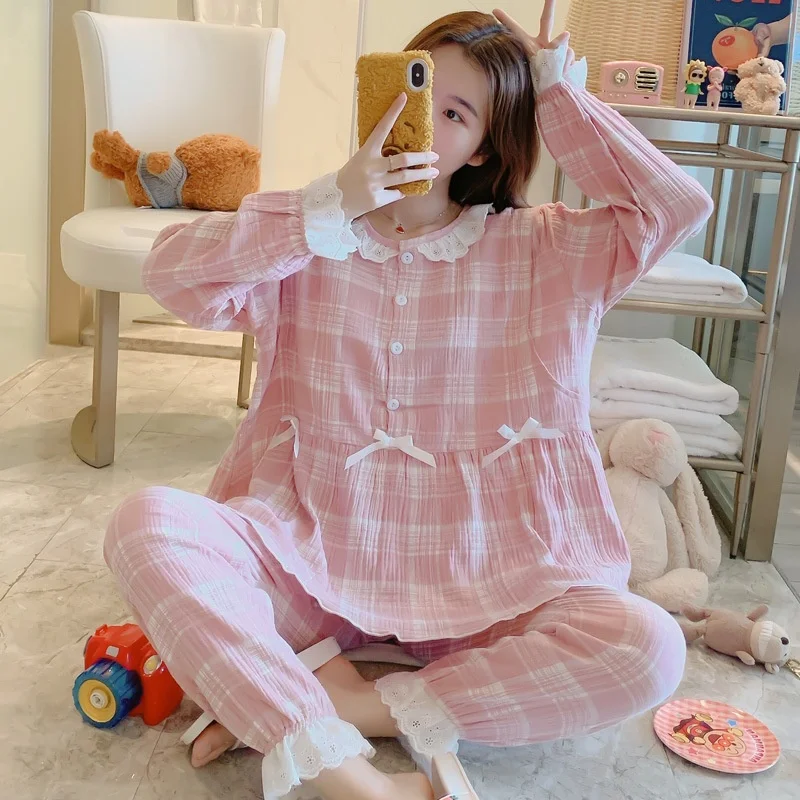 

Long-sleeved Lapel Double Layer Cotton Gauze Nursing Clothes Maternity Nursing Suit