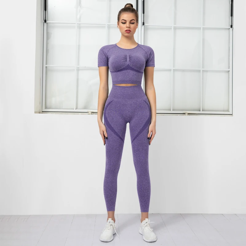 

Wholesale Short Sleeve Soild Color Skinny Slim Yoga Suit Women Seamless Scrunch Gym Sports Fitness Workout Sets