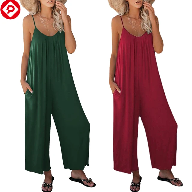 Plus Size Jumpsuits Loose Casual Sleeveless Adjustable Spaghetti Strap Stretchy Wide Leg Rompers Women Jumpsuits with Pocket