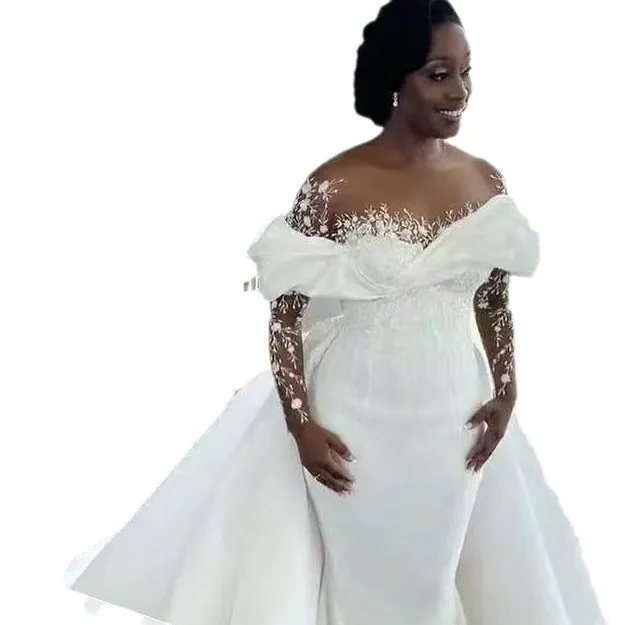 2023 Guangzhou Auyan Customized Size White Wedding Dress Elegant Mermaid Style Lace Flower Long Tail Bridal Evening Gown