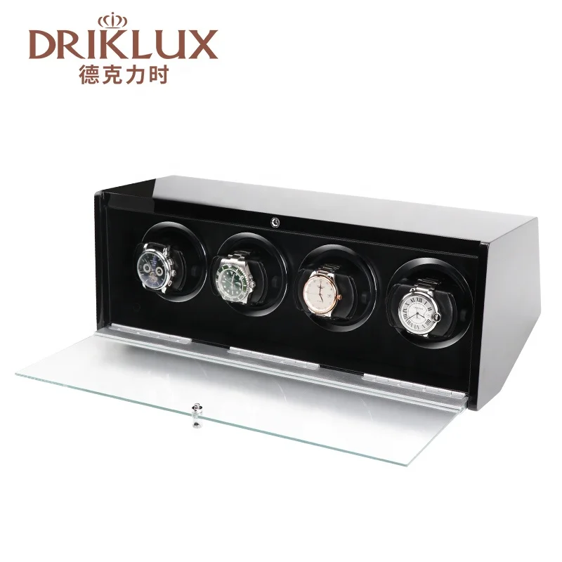 

2022 Driklux Custom Logo High Gloss wood 4 quad watch Luxury Box Luxury Orbit Watch Winder, Black color