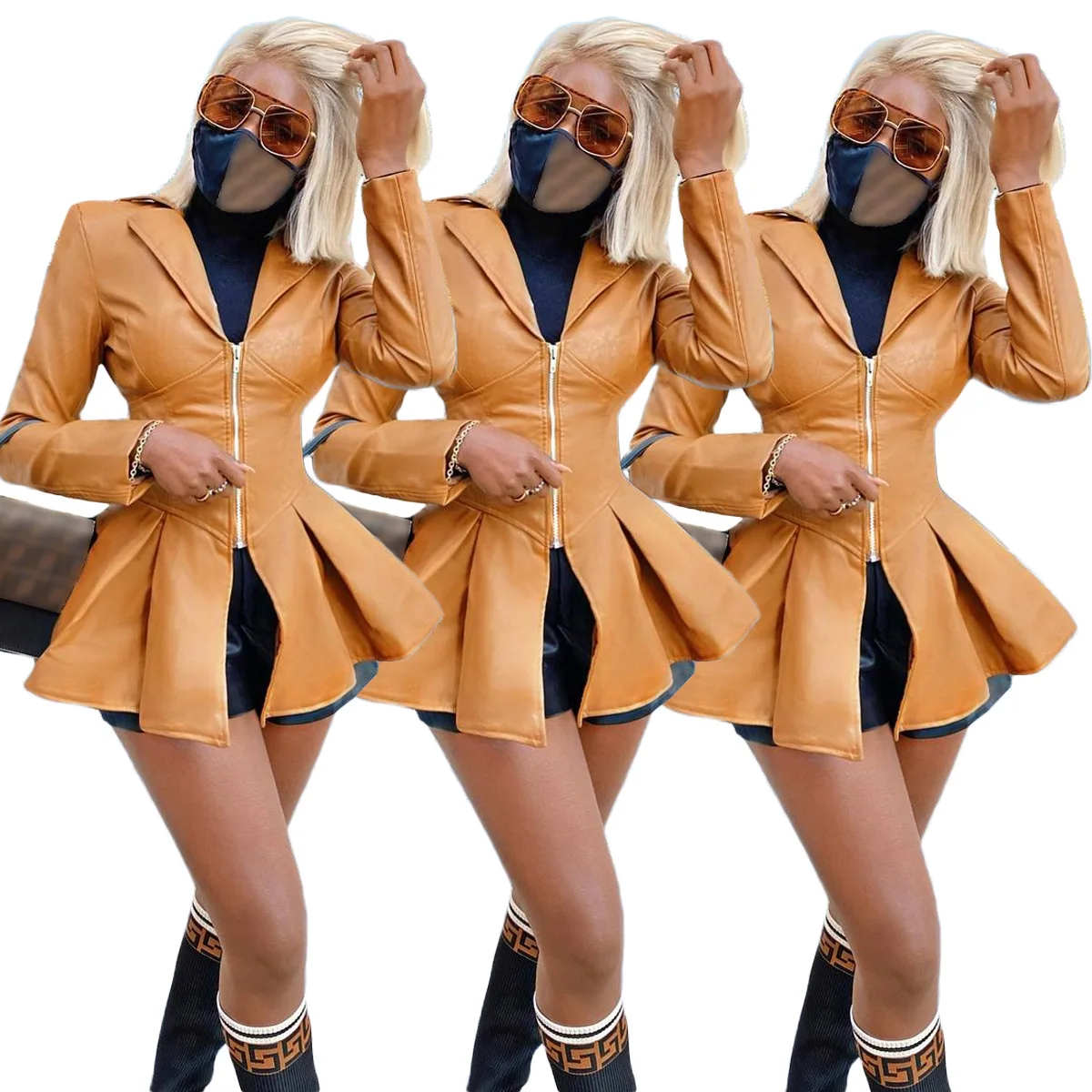 

Autumn And Winter Slim Women'S Lapel Zipper Long-Sleeved Mid-Length Casual Pu Leather Jacket