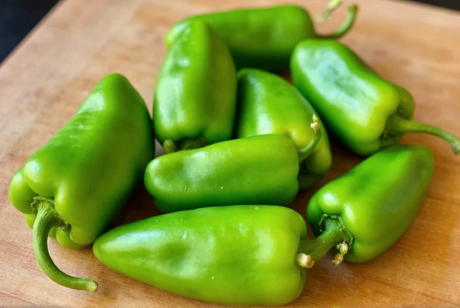Close-up photograph of fresh Anaheim peppers on a wooden cutting board showing their characteristic curved shape and vibrant green color