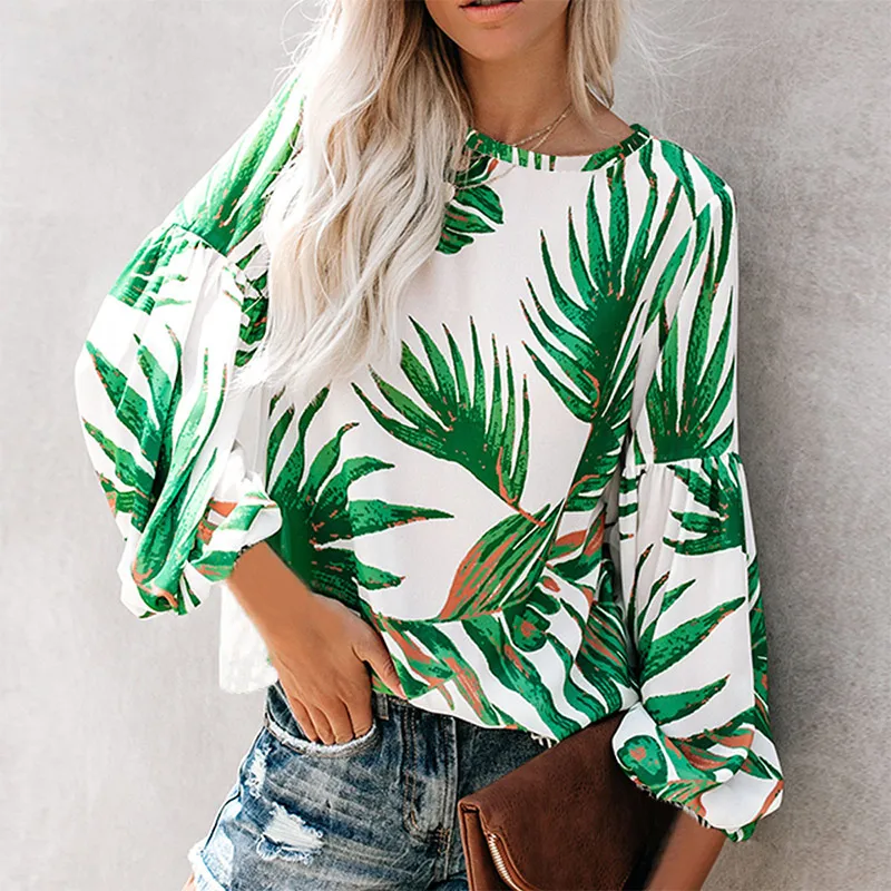 

New Fashion Women Spring Autumn Long Puff Sleeve O-neck Girls Leaf Printing Loose Casual Tops Shirt Pullover Blouse