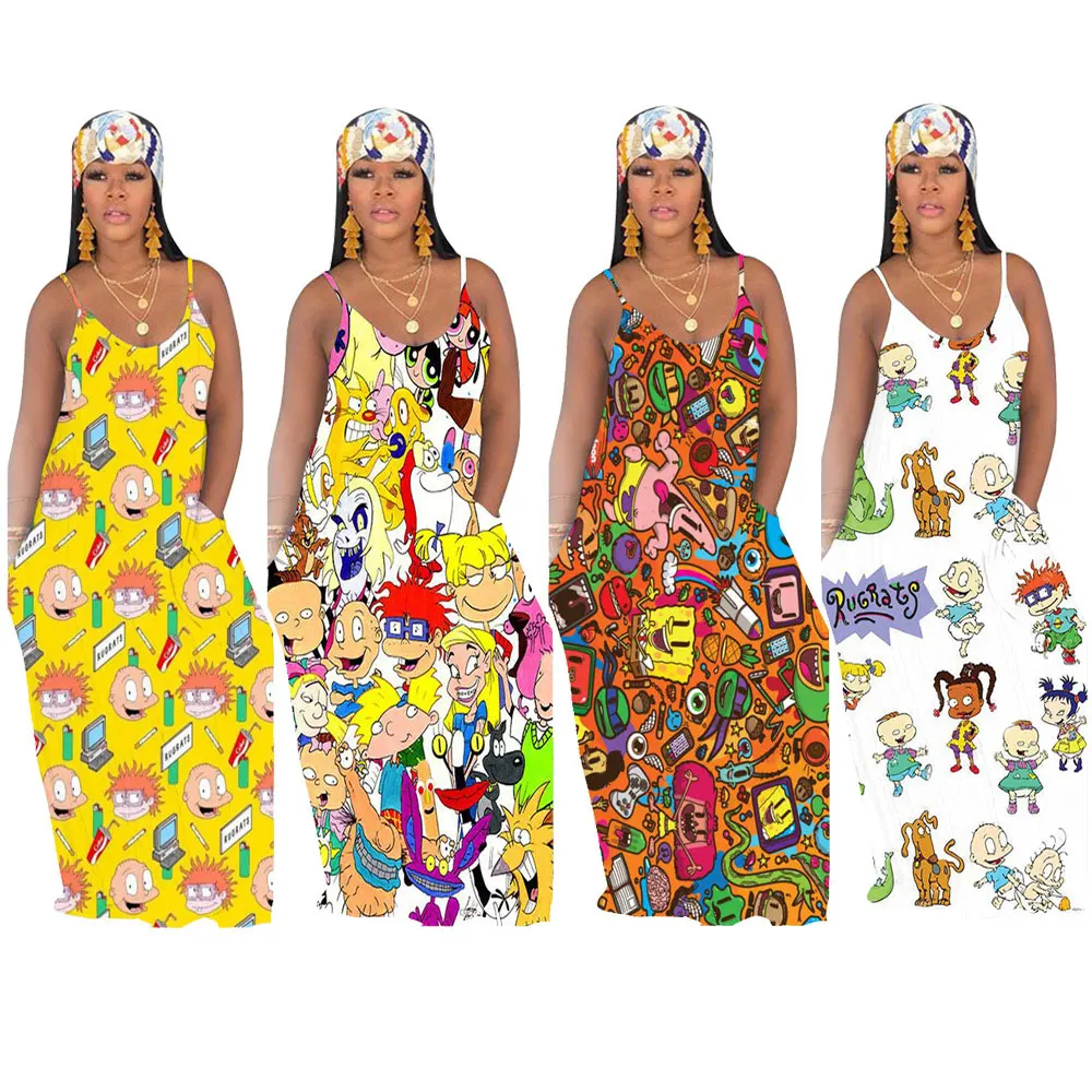 

20411-MX1 cartoon print suspender maxi girls dresses sehe fashion no scarf