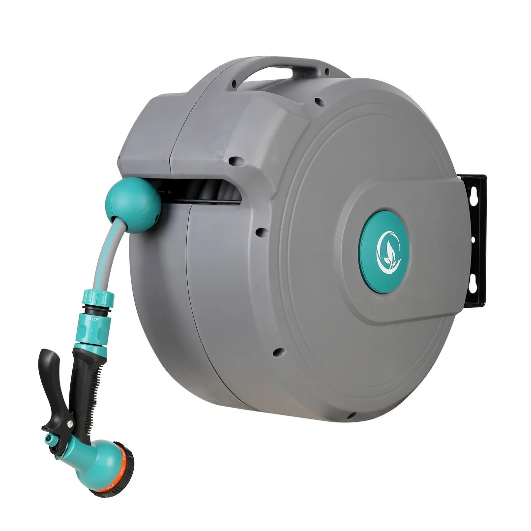 10m Rewindable Auto Rewind Garden Hose Reel Plastic PVC Anti-Abrasion Wall Mountable Water Hose