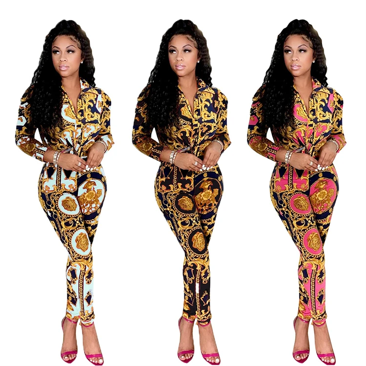 

Women's two piece clothing set printed shirt collar cardigan lantern sleeve uniform set women patchwork set D11402
