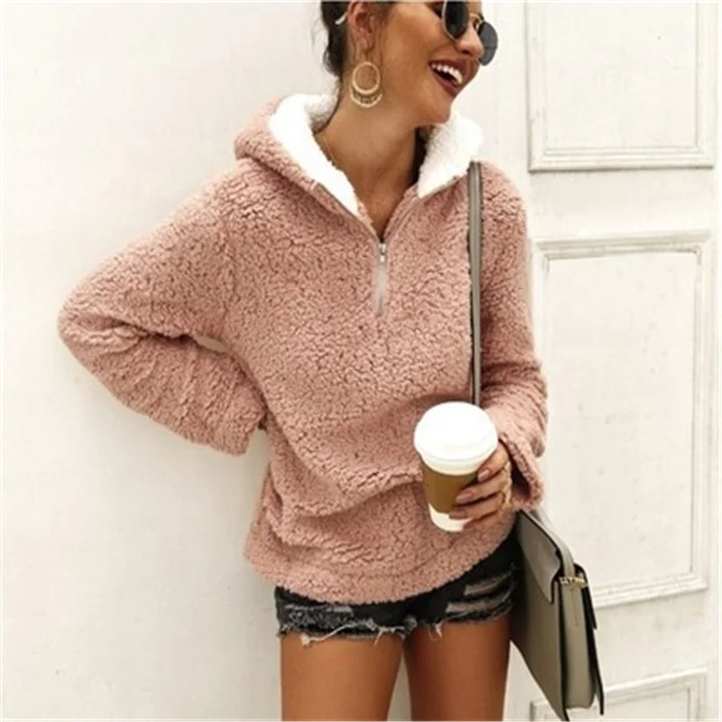 

Winter Fleece Fluffy Zipper Women Pullover Turtleneck Casual Women Hoodie, Khaki/pink/gray/coffee