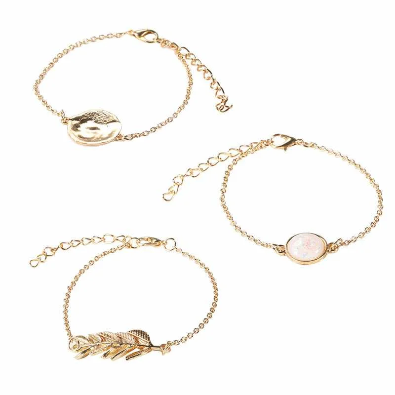 

New Product Bracelet Set Fashion Temperament Alloy Leaf Opal Round Gem Bracelet 3 Pieces Set, Gold