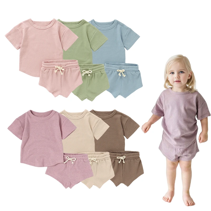 

Elastic Knitted Super Soft Baby Girls Waffle Short Set Knitted Summer Baby Clothing Set