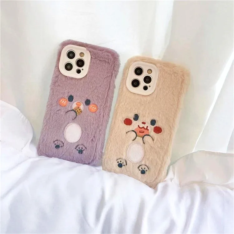 

Winter Hairy Cute Happy Expression Soft Phone Case For iPhone 13 12 11 Pro Max XR XS 8 7 Plus Max X Cover Plush Silicone Fundas