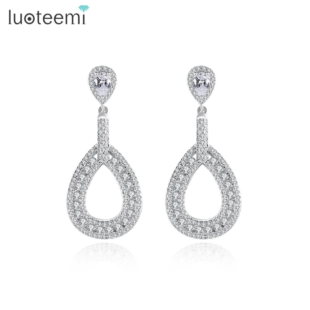 

LUOTEEMI Wholesale Luxury Rhodium Plating Pure Clear Cubic Zircon Paved Water Drop Chandelier Dangle Bridal Earrings