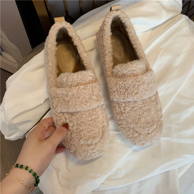 

Winter Indoor Outdoor slip on plush sandals faux fur Loafer Women casual shoes women sneakers, Black, khaki, apricot