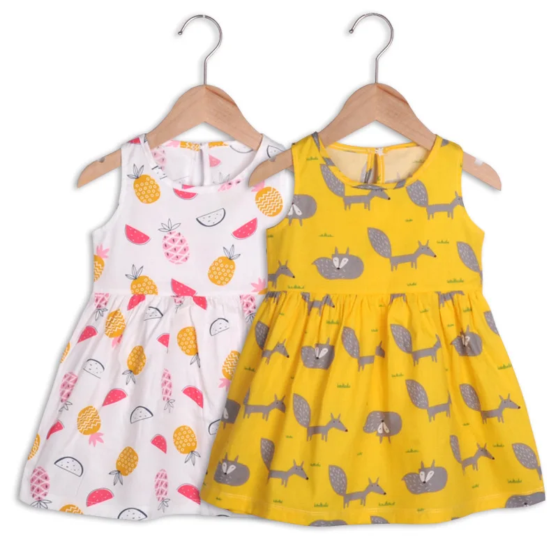 

2021 Cute sleeveless Cotton skirt printing fruit animal cartoon baby child 1 2 3 year old girls' dresses for summer, As pic shows, we can according to your request also
