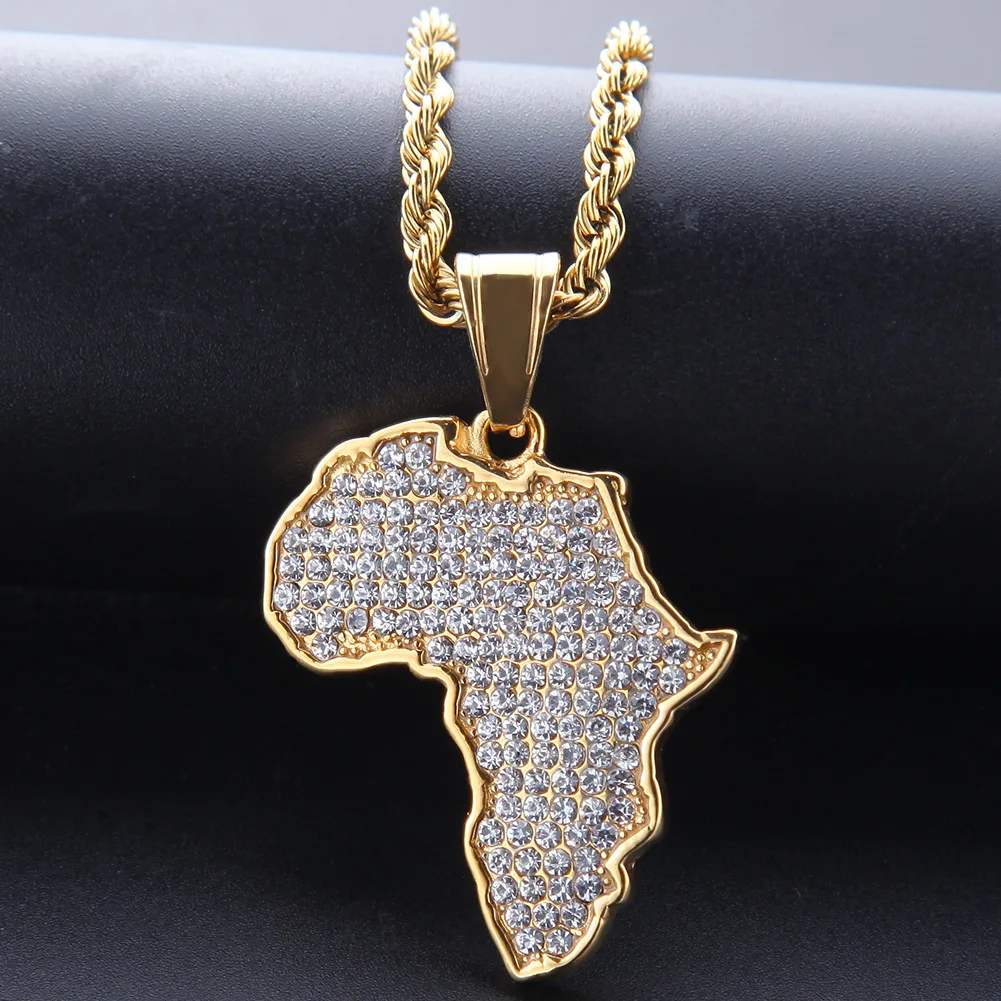 

2020 Amazon Hot Hips Hop Stainless Steel Men Silver Gold CZ African Map Pendant Necklace Zircon Africa Map Pendant Necklace