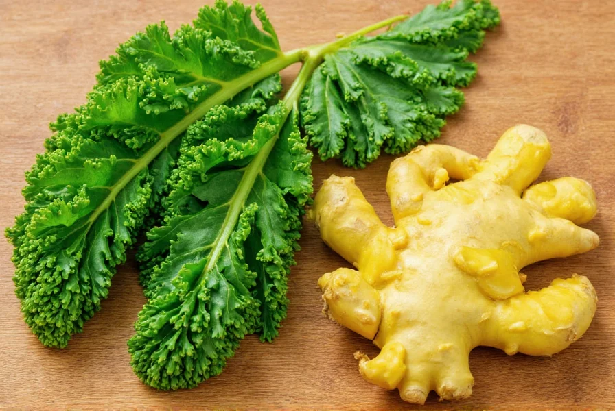 Fresh kale leaves and ginger root on wooden cutting board showing vibrant green and golden colors