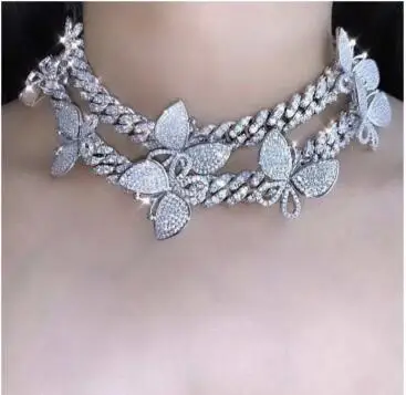 

Luxury women iced out jewelry diamond butterfly cuban link chain necklace