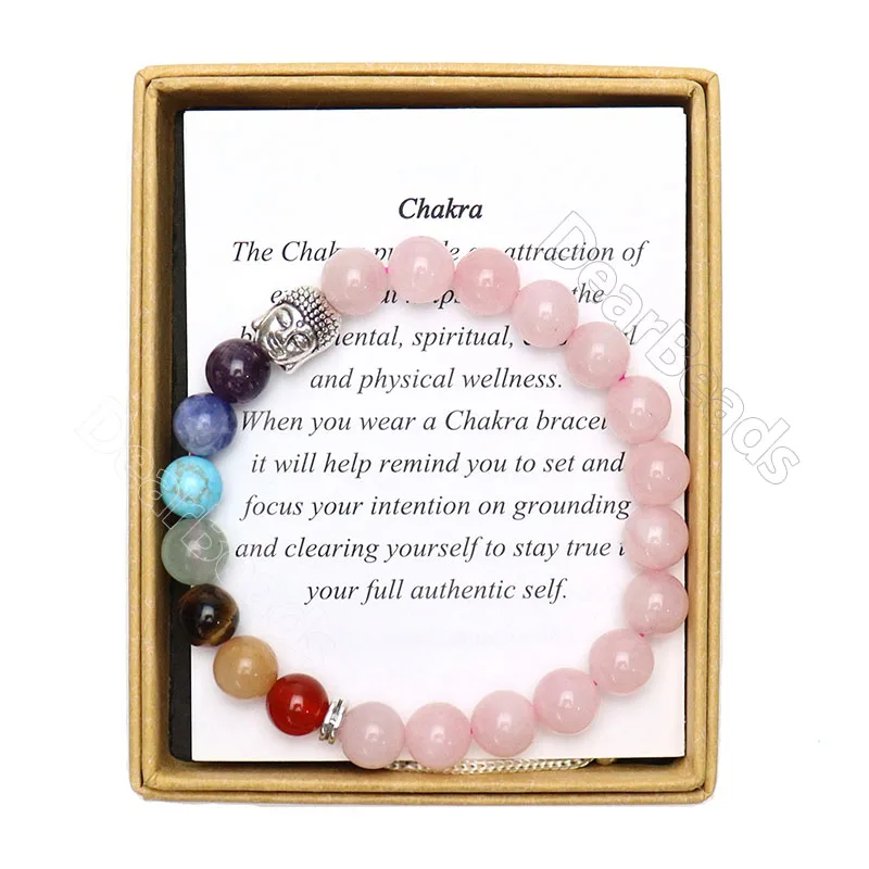 

Custom 7 Seven Chakra Natural Stone Bracelets Rose Quartz Healing Crystal Beaded Bracelet For Women Girls with Gift Box