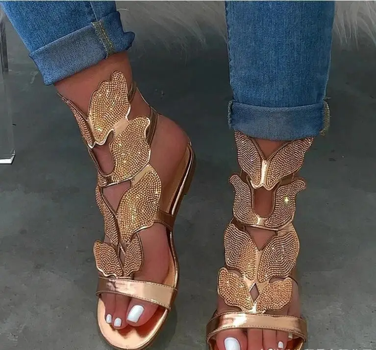 

2020 European and American Rhinestone Fashion Flat Large Size Women's Sandals, 3colors