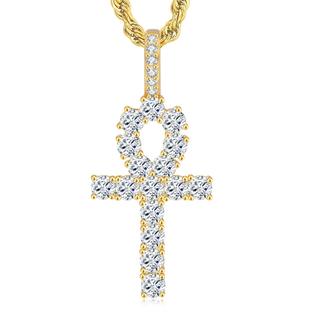 

Iced Out Bling Chokers Necklaces HipHop Jewelry Fashion Gift Men Hip Hop Cross cz Ankh Pendant Necklace With Rope Chain, Gold, silver
