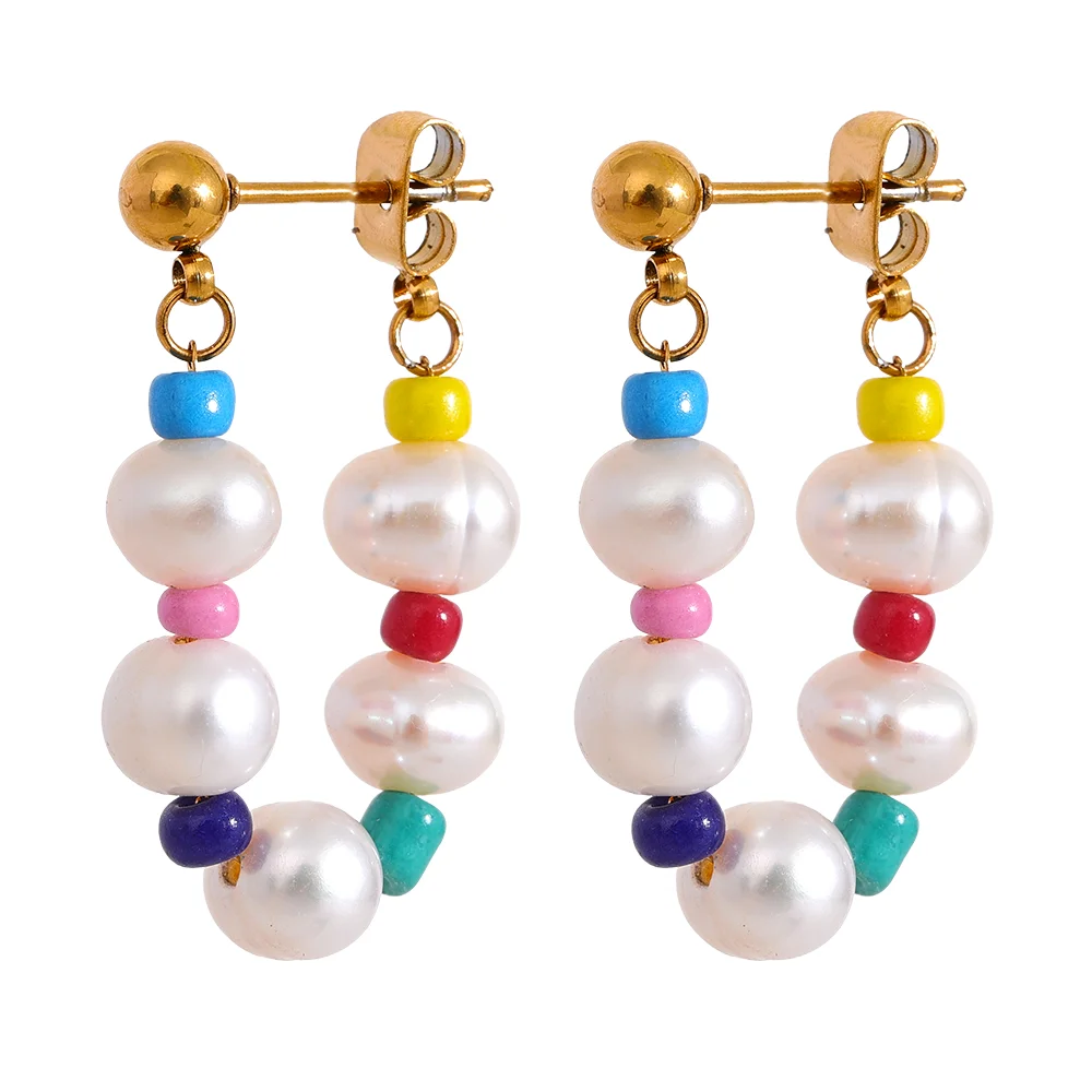 

JINYOU 747 Stainless Steel Fashion Y2K Jewelry Natural Freshwater Pearls Colorful Beads Handmade Charm Hoop Earrings Women