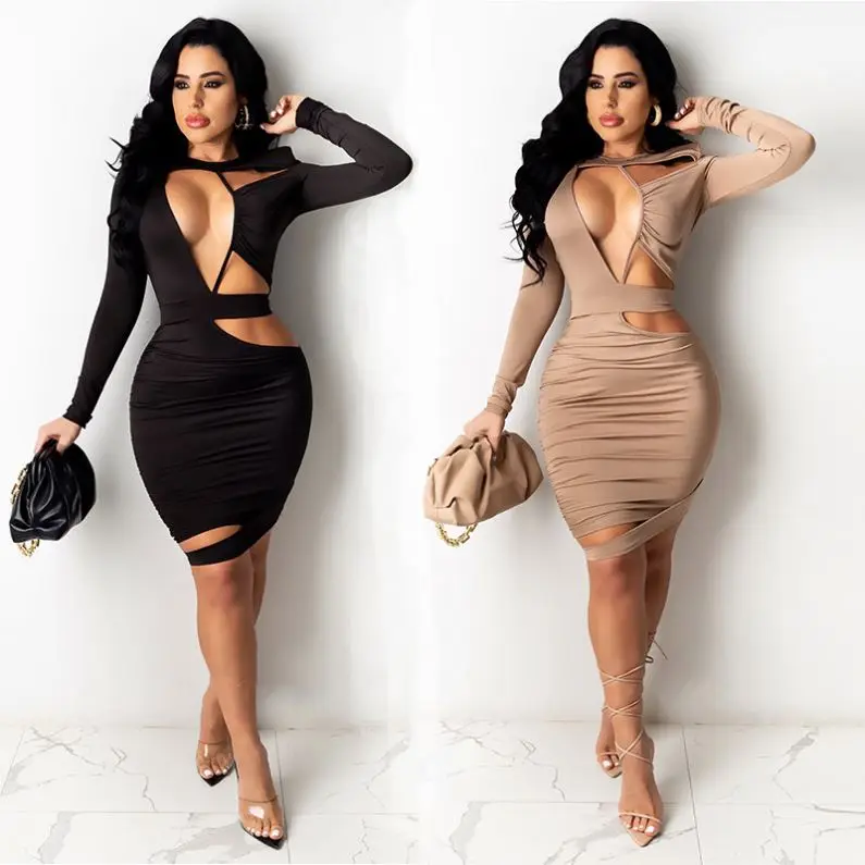 

ZMH328 2021 Women Sexy Pleated Hollow Out Plus Size Evening Nightclub Dresses