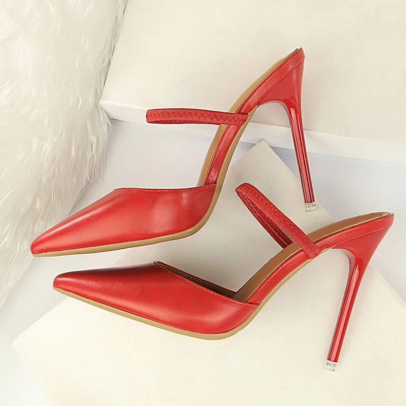 

2022 Summer New Fashion PU Leather Women Slippers Elegant High Heel Concise Dress Ladies Solid Color Mules Shoes