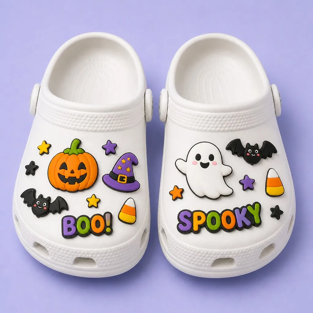 Halloween pumpkin, ghost, bat, witch hat and word badge clog charms on a matched pair of white clogs