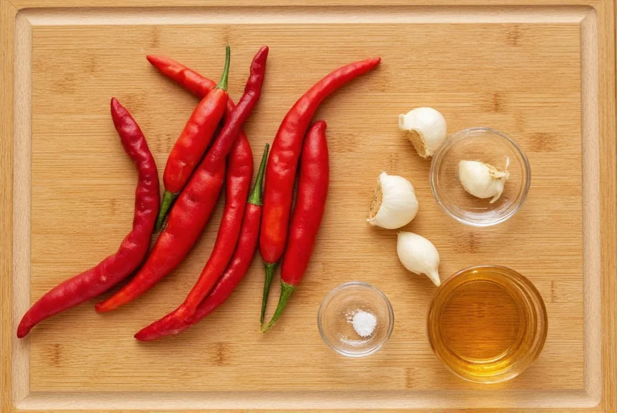 Fresh red chilies, garlic cloves, vinegar, and salt arranged on wooden cutting board for homemade chili paste recipe