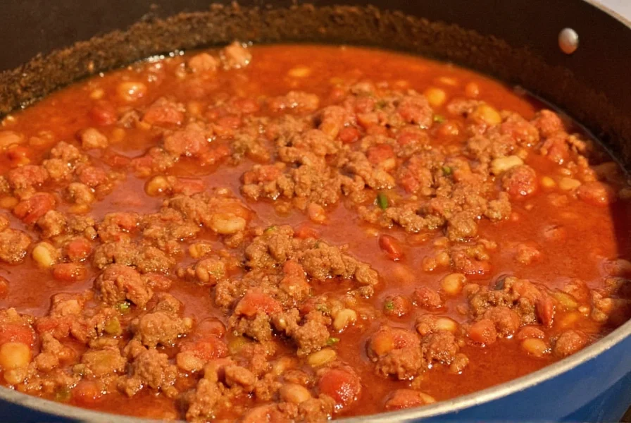 One-pot chili recipe with ground beef, beans, and tomatoes simmering in a Dutch oven