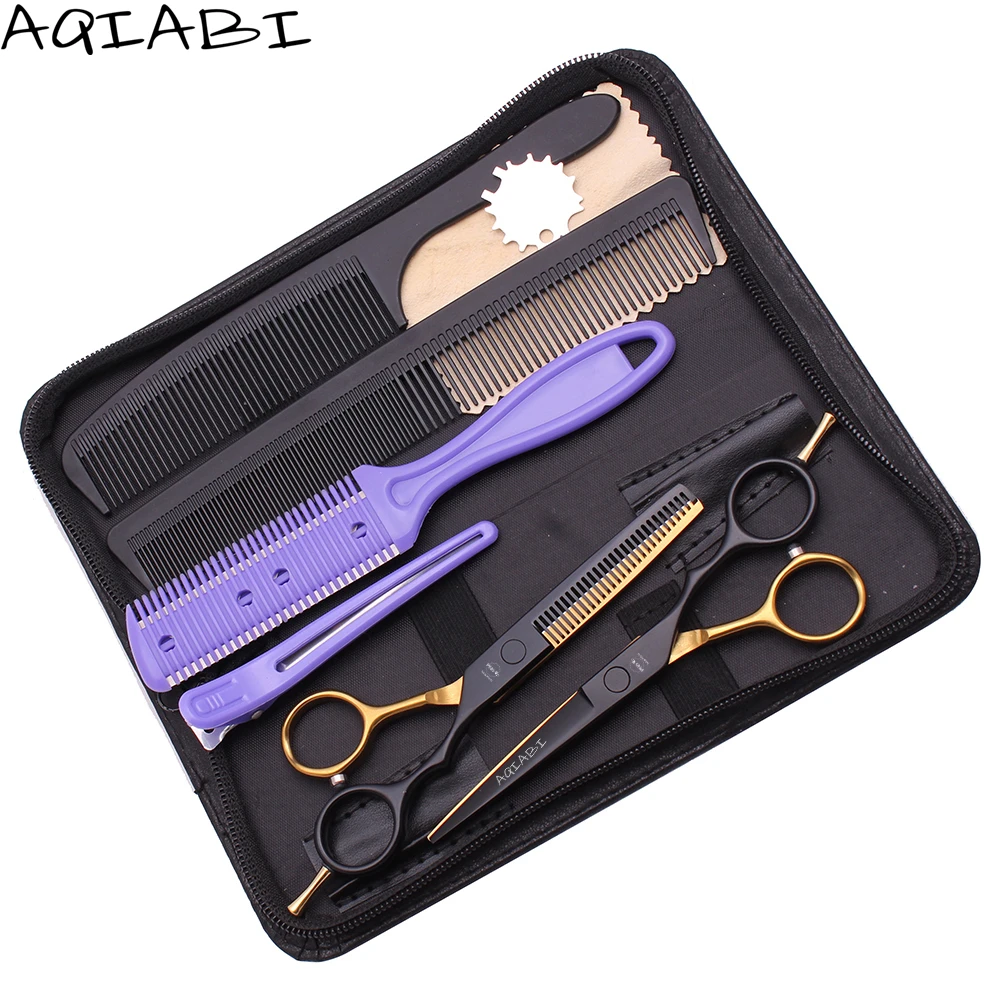 

Scissors Hair 5.5'' AQIABI 440C Barber Hair Cutting Scissors Thinning Shears Hairdresser Scissors Set Add Bag A1029, Black&gold