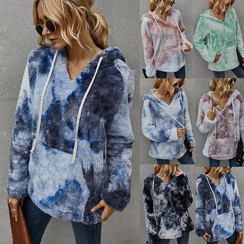 

2020 Winter Fashion Women's Thick Fleece Sweaters Women Tie Dye Hooded Custom Logo Pullover Hoodies, As pictures show