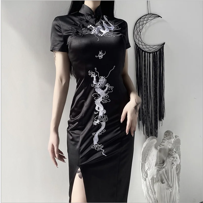 

Chinese Style Slit Dress Vintage Short Sleeve Black Long Cheongsam Bodycon Embroidered Dresses Plus Size Clothes