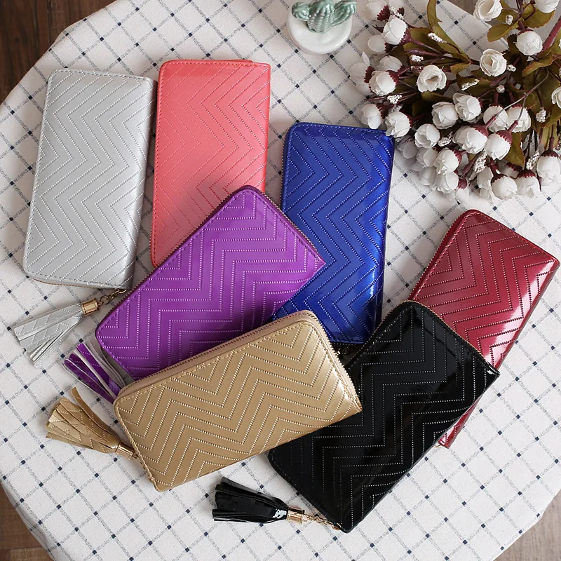 

New Candy Color Women's Designer Wallet Tassel Plaid Student Bag Long Zipper PU Leather Wallet Clutch Multi-card Card Wallets, Black, blue, pink, gold, kahaki, purple