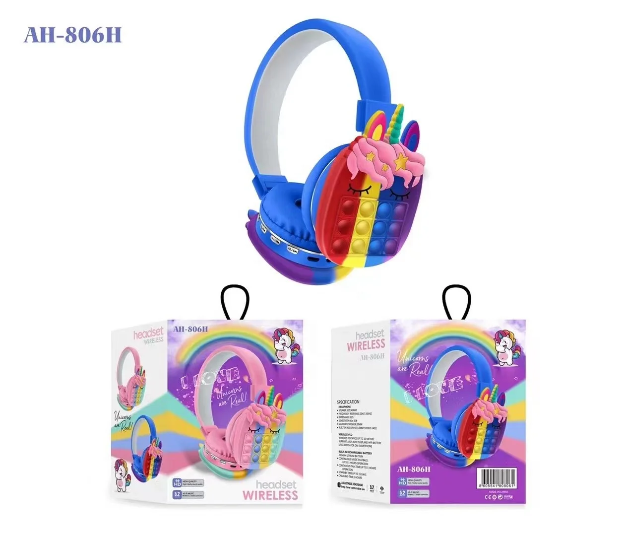 

AH-806H Rainbow Bubble Foldable Wireless Stereo Unicorn Headphones Silicone Popping It Fidget Relieve Stress Toys Earphone