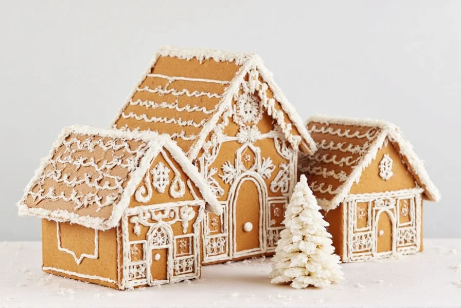 Family assembling ginger bread house kit together with children carefully applying icing to gingerbread panels
