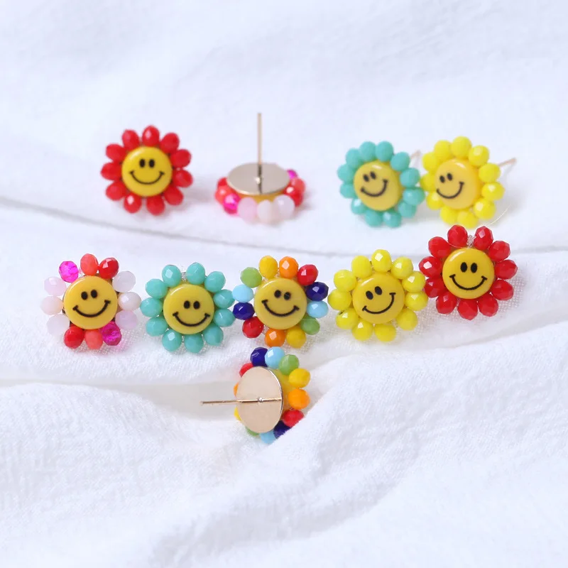 

Wholesale 2021 New Fashion Summer Candy Color Sunflower Smiley Face Stud Earrings for Women Girls Jewelry, Picture shows