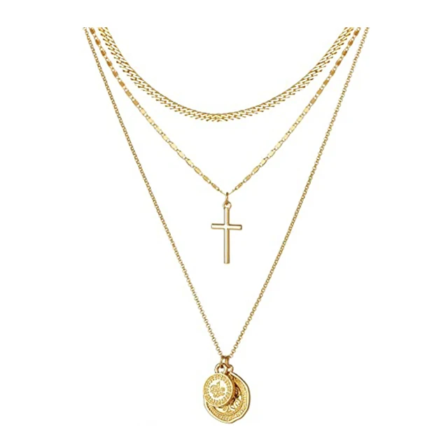 

Fashion Dainty Jewelry Gold Chain Locket Necklace Cross Multi Layer Necklace for Women, Gold silver