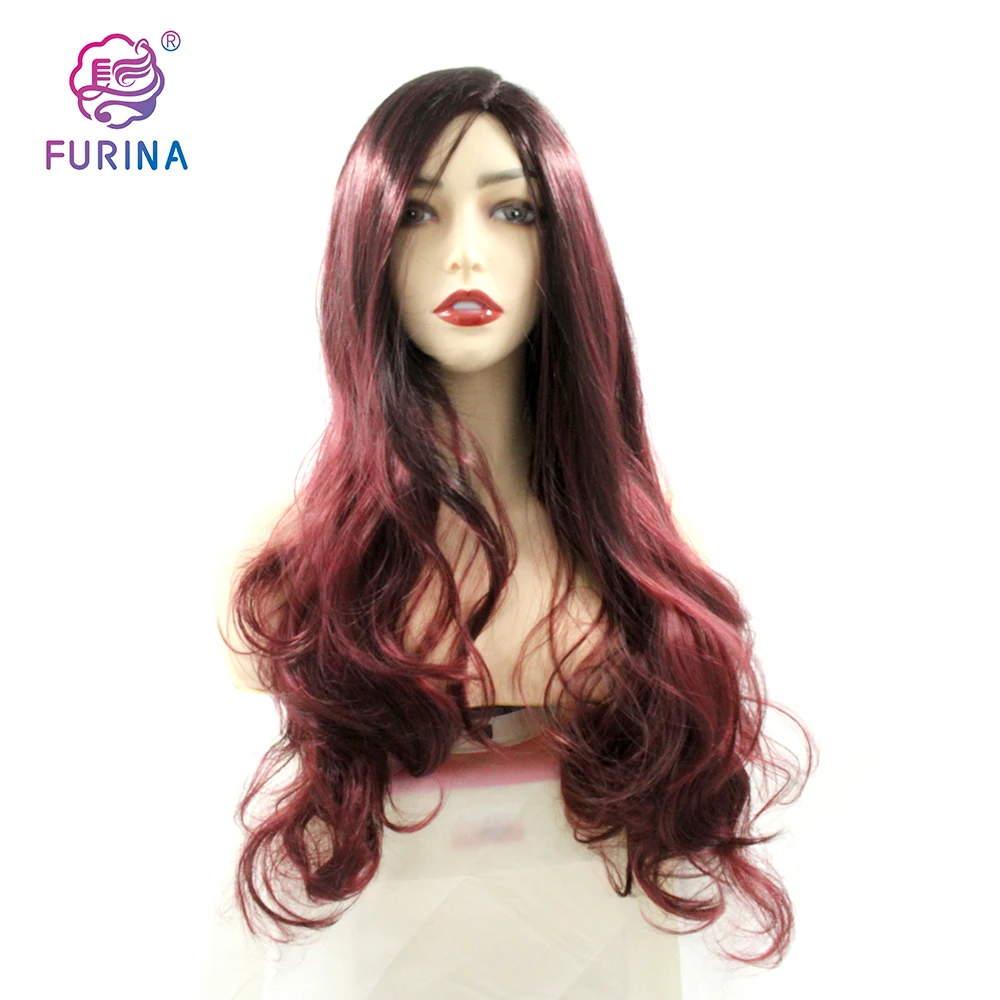 

26 Inches Middle Part Long Wavy Red 99J# Hair Synthetic Hair Wigs For Black Women Heat Resistant