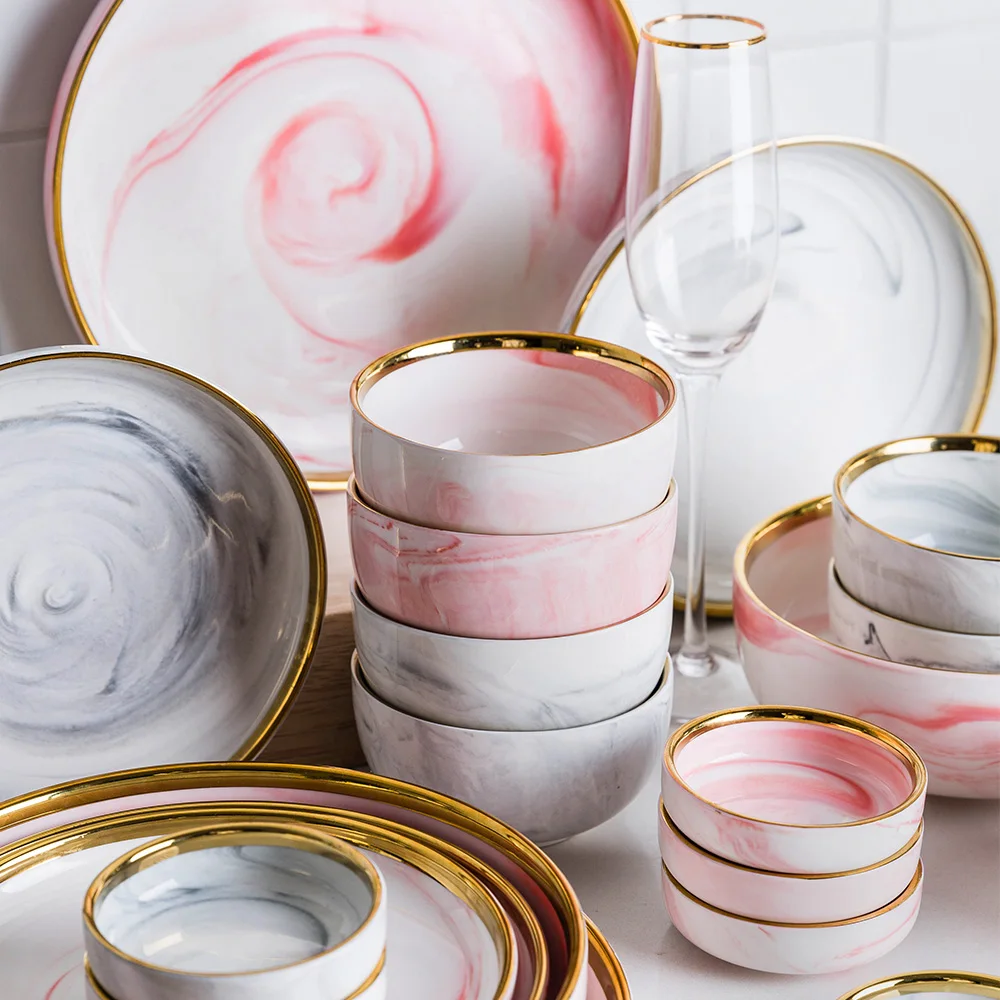 

Modern Marbling 2 Person 9 Pieces Porcelain Dinnerware Sets With Gold Edge