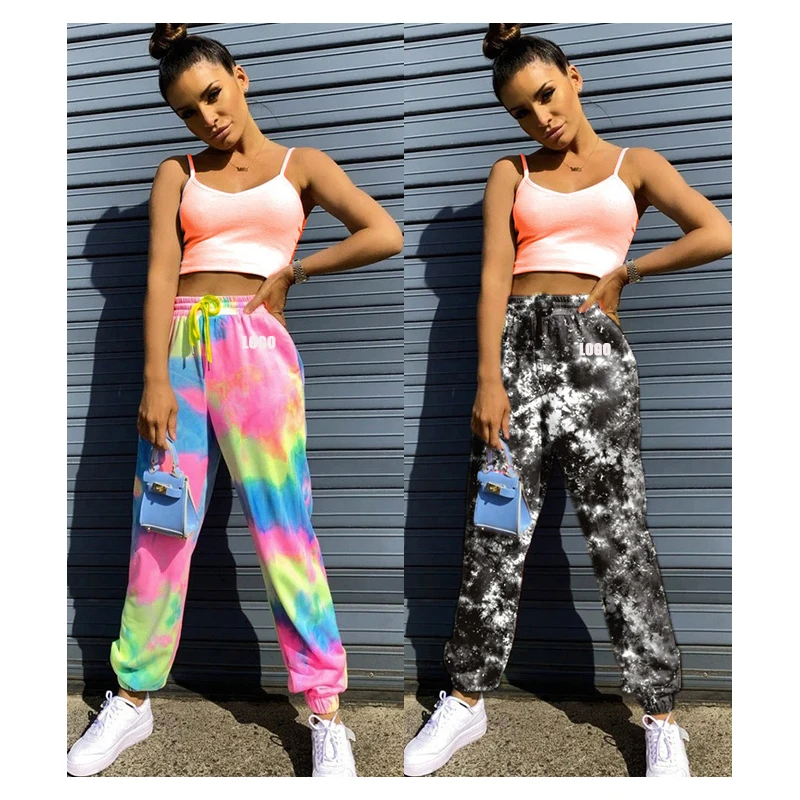 

Free Shipping New arrival plus size women fashion tie dye print drawstring jogger stacked sweatpants Harem pants with pockets, Customized color