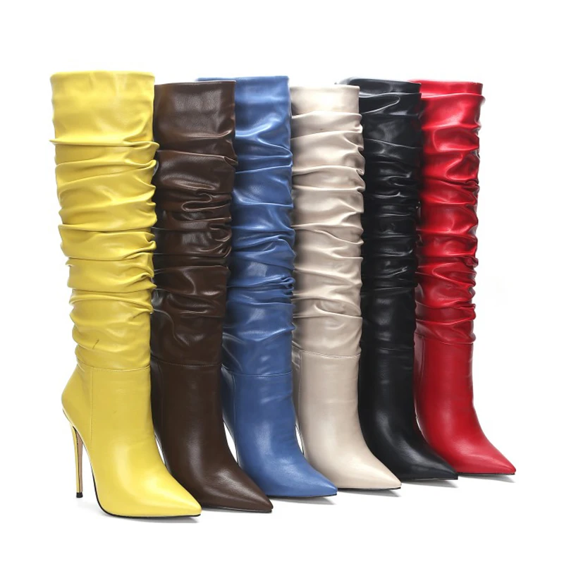 

2019 Winter Fashion  Pleated PU Leather Knee High Long Boots, Black,blue,yellow,kahki,red,beige