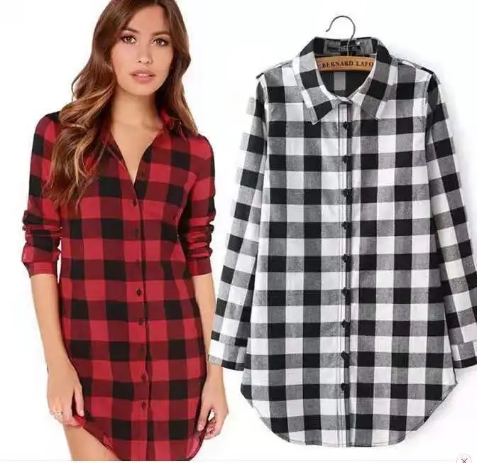 

2021 Hot sale cross-border casual red long-sleeved plaid lapel mid-length stitching shirt women