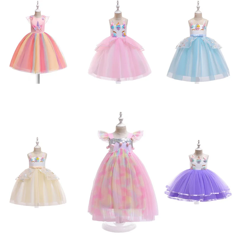 

2019 latest designs rainbow birthday flower party children clothes kids clothing unicorn wedding princess little girls dress, As pic shows, we can according to your request also