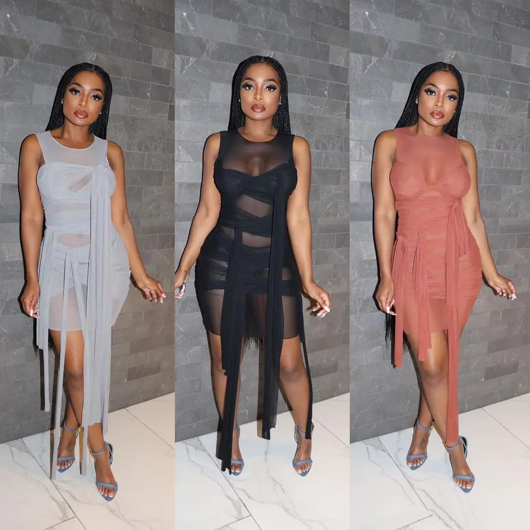 

2021 Popular Solid Sleeveless Basic Female Outfits Women Sheer Bandage Sexy Clubwear Mini Dress Mesh Bodycon Party Dresses, 21 colors