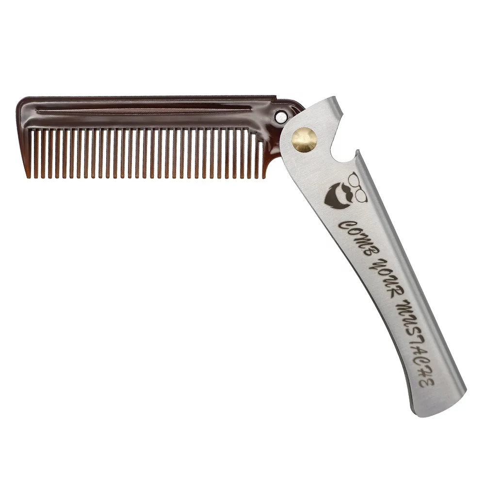 

Custom Logo Folding Hair Comb Professional Folding Pocket Comb with Stainless Steel Cover for men's beard hair, Brown