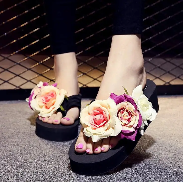 

Flip flop slipper women summer platform heels simple cute beach flower floral sandal flip flop wedge heel, 6colors