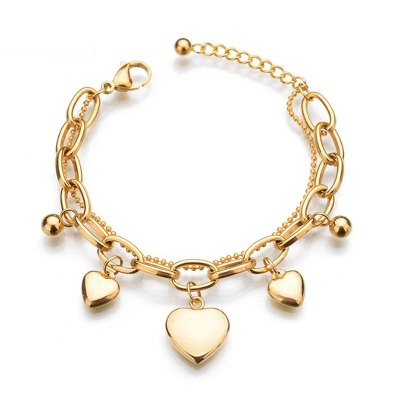 

Fashion Layer Jewelry Stainless Steel Double Layer Metal Heart Charm Bracelet